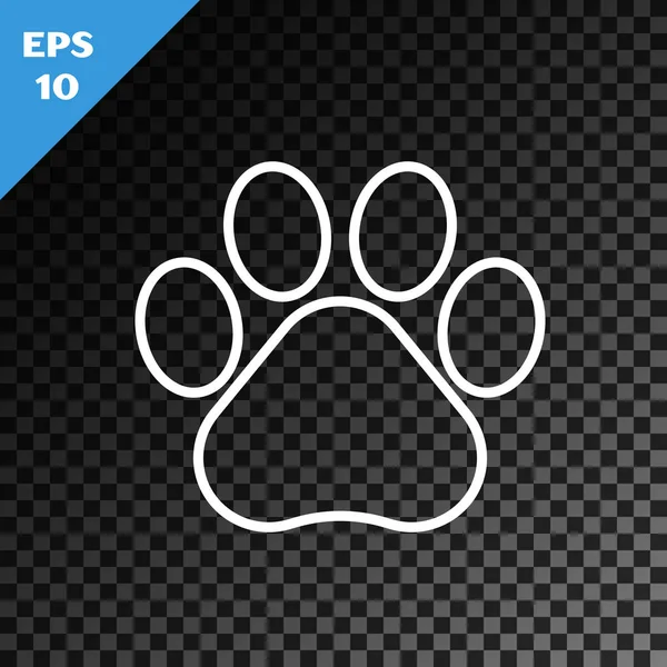 Şeffaf koyu arkaplanda beyaz çizgi Paw yazdırma simgesi izole edildi. Köpek ya da kedi pençesi izi. Hayvan izleri. Vektör İllüstrasyonu