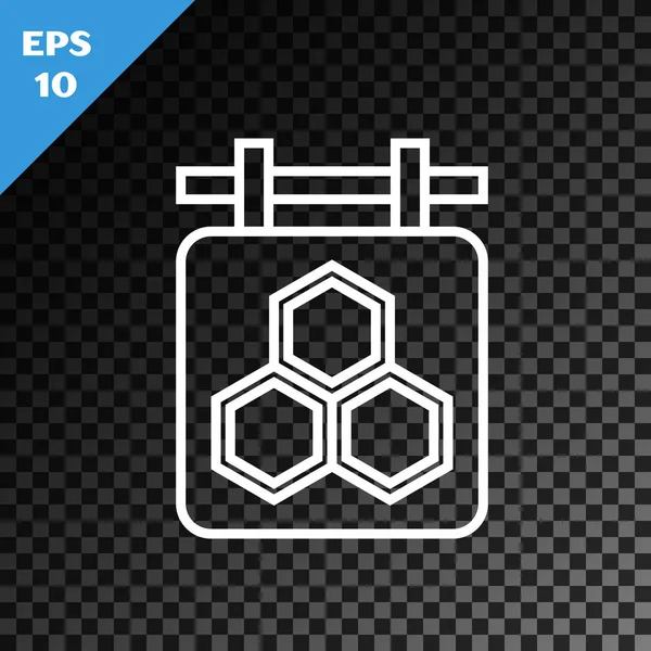 Şeffaf koyu arka planda bal peteği ile beyaz çizgi asılı. İmza simgesi. Bal hücrelerinin sembolü. Tatlı doğal yemek. Vektör İllüstrasyonu