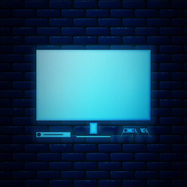 Parlayan neon oyun konsolu simgesi tuğla duvar arka planında izole edildi. Oyun konsolu, joystick ve LCD televizyonla. Vektör İllüstrasyonu