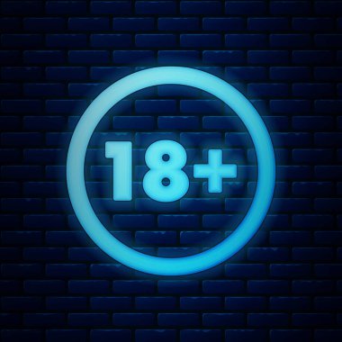 Parlayan neon artı 18 film ikonu tuğla duvar arkasında izole edilmiş. Yetişkin içeriği. 18 yaşın altında. Vektör İllüstrasyonu