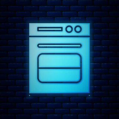 Parlayan neon fırın simgesi tuğla duvar arka planında izole edilmiş. Fırın tabelası. Vektör İllüstrasyonu