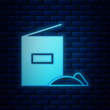 Parlayan neon un paketi simgesi tuğla duvar arkasında izole edildi. Vektör İllüstrasyonu