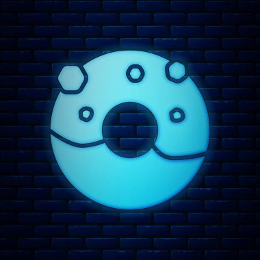 Tuğla duvar arka planda izole tatlı sır simgesi ile parlayan Neon donut. Vektör Illustration