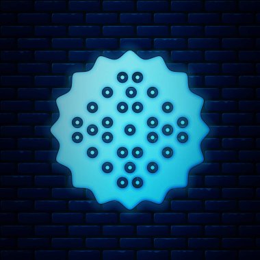 Parlayan neon kraker bisküvisi ikonu tuğla duvar arka planında izole edilmiş. Tatlı kurabiye. Vektör İllüstrasyonu