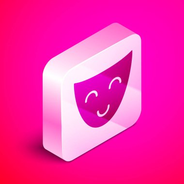 Isometric Comedy theatrical mask icon isolated on pink background. Silver square button. Vector Illustration