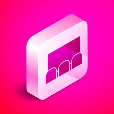 Isometric Cinema auditorium with screen and seats icon isolated on pink background. Silver square button. Vector Illustration
