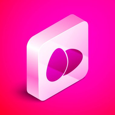 Pembe arka planda izole edilmiş Isome tavuklu yumurta ikonu. Gümüş kare düğme. Vektör İllüstrasyonu