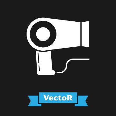 Beyaz saç kurutma makinesi simgesi siyah arkaplanda izole edildi. Saç kurutma makinesi tabelası. Saç kurutma sembolü. Sıcak hava üflüyor. Vektör İllüstrasyonu