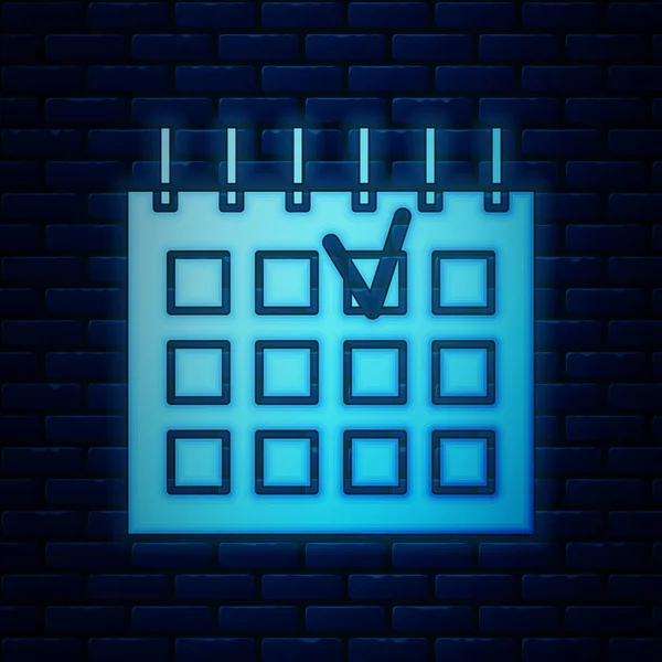 Zářící neon Detailní ikona kalendáře izolované na pozadí cihlové stěny. Kalendář událostí. Vektorová ilustrace — Stockový vektor