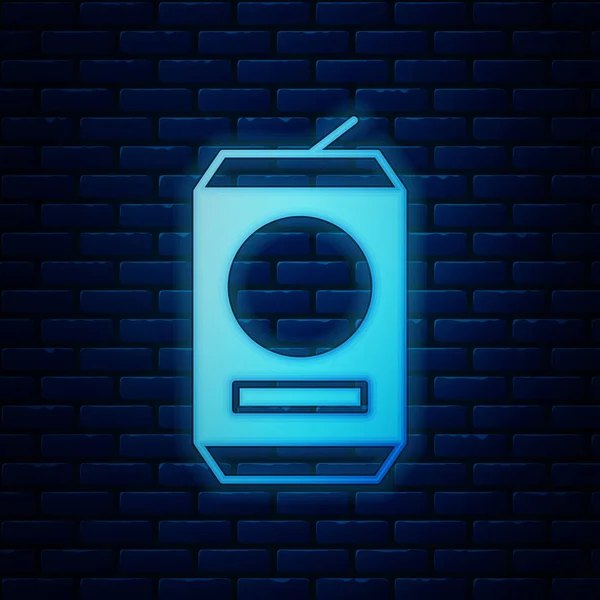 Gloeiend neon Bier kan icoon geïsoleerd op baksteen muur achtergrond. Vector Illustratie — Stockvector