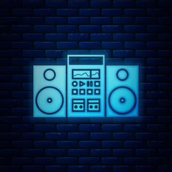 Zářící neon Home stereo s ikonou dvou reproduktorů izolovaných na pozadí cihlové zdi. Hudební systém. Vektorová ilustrace — Stockový vektor