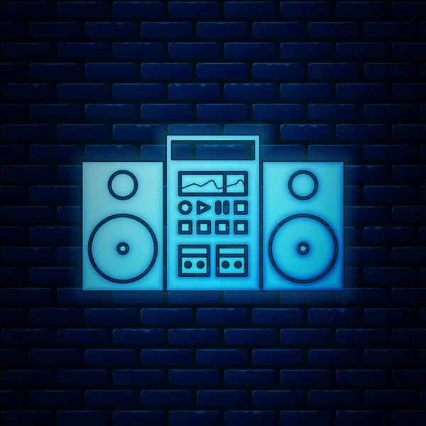 Estéreo hogar de neón brillante con dos altavoces icono aislado en el fondo de la pared de ladrillo. Sistema de música. Ilustración vectorial — Vector de stock