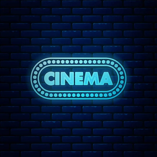 Brilhante neon Cinema poster design modelo ícone isolado no fundo da parede de tijolo. Design de banner conceito de tempo de filme. Ilustração vetorial — Vetor de Stock