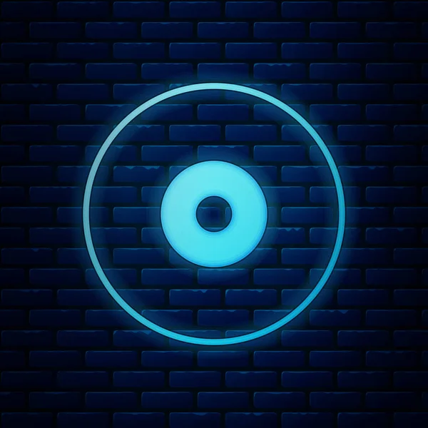 Parlayan neon CD veya DVD disk simgesi tuğla duvar arka planında izole edildi. Küçük disk işareti. Vektör İllüstrasyonu