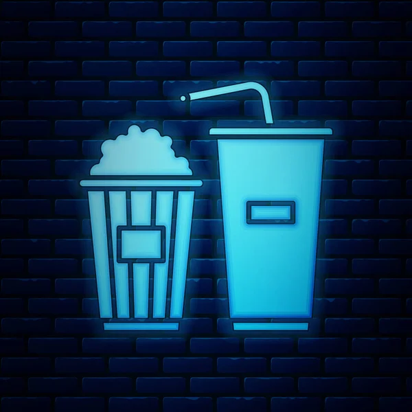 Karton kutuda parlayan neon patlamış mısır ve tuğla duvar arkasında izole edilmiş saman ve su ikonu içen kağıt bardak. Soda bardağı. Vektör İllüstrasyonu