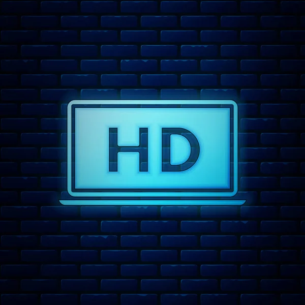 Tela de laptop de néon brilhante com ícone de tecnologia de vídeo HD isolado no fundo da parede de tijolo. Ilustração vetorial —  Vetores de Stock
