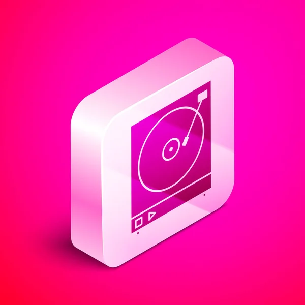 Isométrico Reproductor de vinilo con un icono de disco de vinilo aislado sobre fondo rosa. Botón cuadrado plateado. Ilustración vectorial — Vector de stock