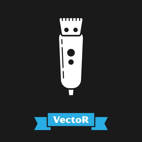 Weiße elektrische Haarschneidemaschine oder Rasierer Symbol isoliert auf schwarzem Hintergrund. Barbershop-Symbol. Vektorillustration — Stockvektor