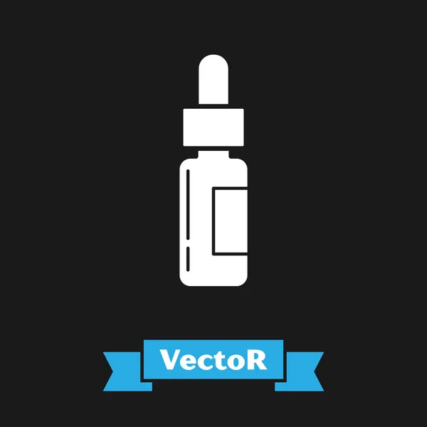 Frasco de vidro branco com uma pipeta. Frasco com uma pipeta dentro do ícone isolado sobre fundo preto. Recipiente para produtos médicos e cosméticos. Ilustração vetorial — Vetor de Stock