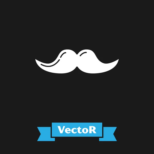 Icono de bigote blanco aislado sobre fondo negro. Símbolo de barbería. Estilo de pelo facial. Ilustración vectorial — Vector de stock