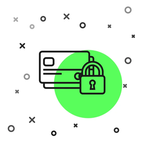 Linha preta Cartão de crédito com ícone de bloqueio isolado no fundo branco. Cartão bancário trancado. Segurança, segurança, proteção conceito. Conceito de um pagamento seguro. Ilustração vetorial —  Vetores de Stock