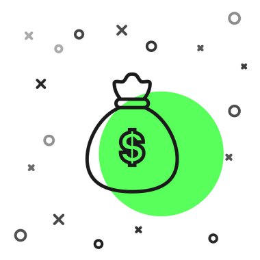 Siyah çizgi Para çantası simgesi beyaz arka plan üzerinde izole. Dolar veya Usd sembolü. Nakit Bankacılık para birimi işareti. Vektör İllüstrasyonu