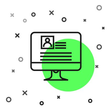 Beyaz arka planda izole edilmiş özgeçmiş simgesine sahip siyah çizgi Bilgisayar monitörü. Cv başvurusu. Profesyonel personel aranıyor. Analiz personel devam. Vektör İllüstrasyonu