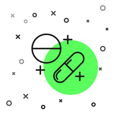 Siyah çizgi ilaç hapı ya da beyaz arkaplanda izole edilmiş tablet ikonu. Kapsül hapı ve uyuşturucu işareti. Eczane tasarımı. Vektör İllüstrasyonu