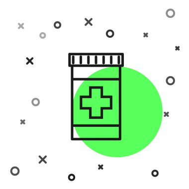 Siyah çizgi ilaç şişesi simgesi beyaz arka planda izole edilmiş. Şişe hapı işareti. Eczane tasarımı. Vektör İllüstrasyonu