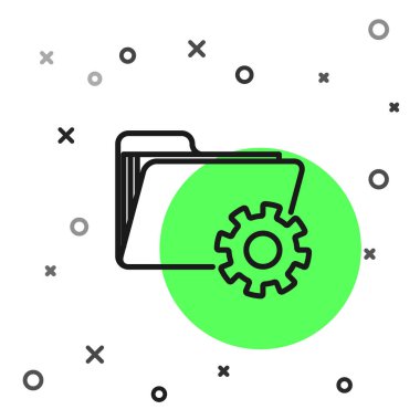 Beyaz arka planda yalıtılmış dişlisimgesine sahip siyah çizgi Klasör ayarları. Yazılım güncellemesi, transfer protokolü, takım çalışması araç yönetimi. Vektör İllüstrasyonu