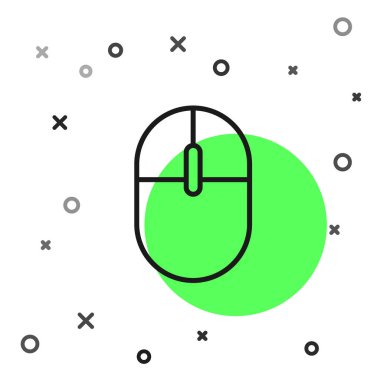 Siyah çizgi bilgisayar fare simgesi beyaz arkaplanda izole edildi. Tekerlek sembollü optik. Vektör İllüstrasyonu