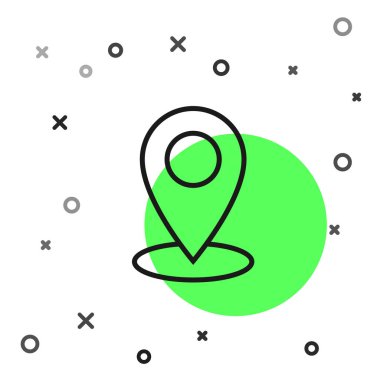 Siyah çizgi Harita pin simgesi beyaz arka planda yalıtılmış. Navigasyon, işaretçi, yer, harita, gps, yön, yer, pusula, iletişim, arama konsepti. Vektör İllüstrasyonu