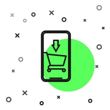 Siyah hat Cep telefonu ve alışveriş sepeti simgesi beyaz arka plan üzerinde izole. Online satın alma sembolü. Süpermarket sepeti sembolü. Vektör İllüstrasyonu