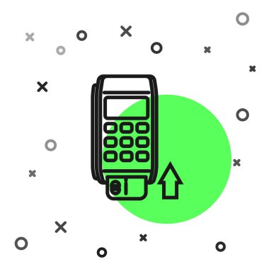 Beyaz arka planda izole edilmiş kredi kartı simgesine eklenen siyah hat Pos terminali. Ödeme terminali işlemi. Kartla ödeyin. Vektör İllüstrasyonu