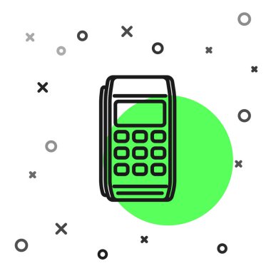 Beyaz arka planda yalıtılmış siyah çizgi Pos terminal simgesi. Ödeme terminali işlemi. Kartla ödeyin. Vektör İllüstrasyonu