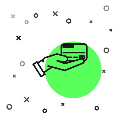 Siyah çizgi Beyaz arka plan üzerinde izole kredi kartı simgesi ile tutan Insan el. Online ödeme. Kartla ödeyin. Finansal operasyonlar. Vektör İllüstrasyonu