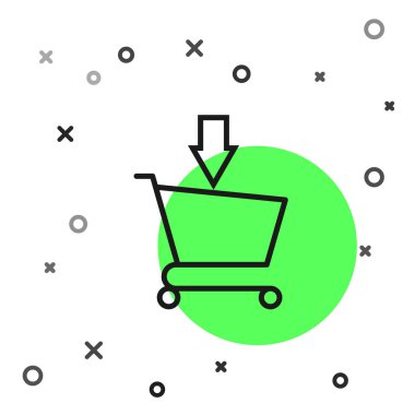 Siyah çizgi Beyaz arka planda yalıtılmış Alışveriş sepeti simgesine ekle. Online satın alma konsepti. Teslimat hizmeti işareti. Süpermarket sepeti sembolü. Vektör İllüstrasyonu