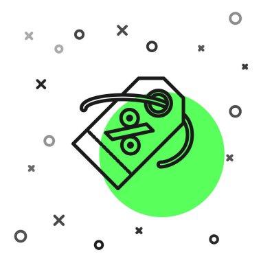 Siyah çizgi indirimli etiket simgesi beyaz arkaplanda izole edildi. Etiket alışverişi. Özel teklif işareti. İndirim kuponları sembolü. Vektör İllüstrasyonu