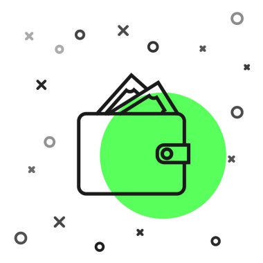 Beyaz arka planda izole yığılmış kağıt para nakit simgesi ile Siyah hat Cüzdan. Çanta simgesi. Nakit tasarruf sembolü. Vektör İllüstrasyonu