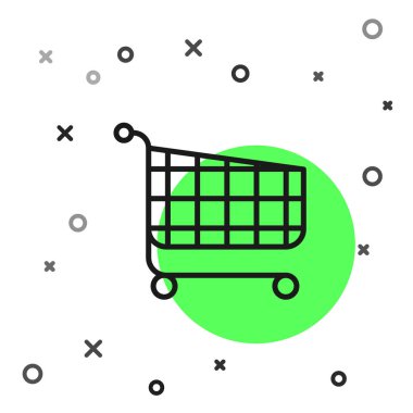 Siyah çizgi Alışveriş sepeti simgesi beyaz arka planda yalıtılmış. Online satın alma konsepti. Teslimat hizmeti işareti. Süpermarket sepeti sembolü. Vektör İllüstrasyonu