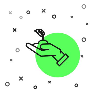 Beyaz arka plan üzerinde izole çevre koruma simgesi elinde Siyah çizgi Filiz. Tohum ve fide. Fidan dikimi. Ekoloji kavramı. Vektör İllüstrasyonu