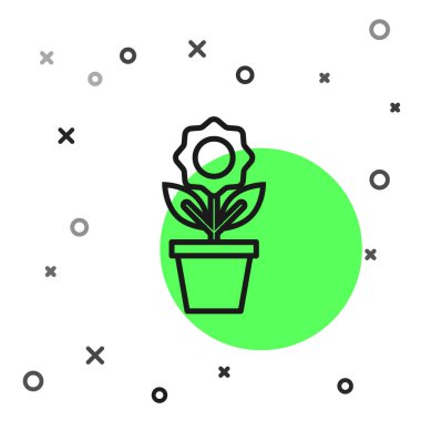 Beyaz arkaplanda siyah çizgi çiçek ikonu izole edildi. Tencerede yetişen bir bitki. Saksı bitkisi işareti. Vektör İllüstrasyonu