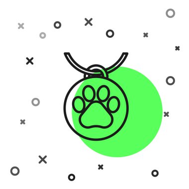 Beyaz arka planda izole ad etiketi simgesi ile Siyah çizgi Yaka. Evcil hayvanlar için erzak. Köpek ya da kedi pençesi izi. Kedi ve köpek bakımı. Evcil hayvan zincirleri. Vektör İllüstrasyonu