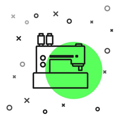 Siyah çizgi dikiş makinesi simgesi beyaz arkaplanda izole edildi. Vektör İllüstrasyonu