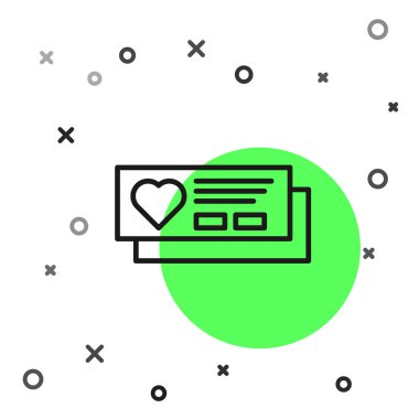 Beyaz arka planda izole edilmiş kalp simgesine sahip siyah hat Bileti. Kalpten biniş kartı. Vektör İllüstrasyonu