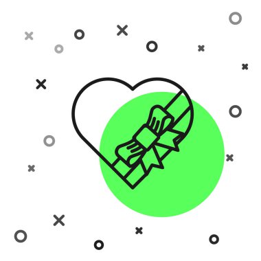 Kalp şeklinde kutu ve yay simgesi beyaz arka plan üzerinde izole siyah çizgi Şeker. Sevgililer Günü. Vektör İllüstrasyonu