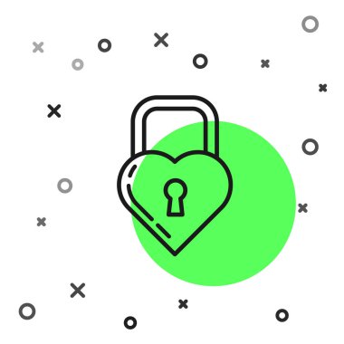 Beyaz arka plan üzerinde izole bir kalp simgesi şeklinde Siyah çizgi Kale. Kilitli Kalp. Aşk sembolü ve anahtar deliği işareti. Vektör İllüstrasyonu