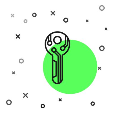 Beyaz arka planda yalıtılmış siyah çizgi Cryptocurrency anahtar simgesi. Siber güvenlik veya özel anahtar kavramı, teknoloji arayüzü ile dijital anahtar. Vektör İllüstrasyonu