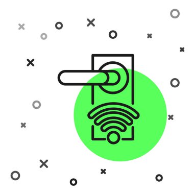 Beyaz arkaplanda izole edilmiş ikonu açmak için kablosuz teknolojiye sahip siyah çizgi dijital kapı kilidi. Kapı kolu tabelası. Güvenlik akıllı ev. Vektör İllüstrasyonu