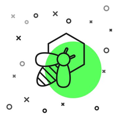 Siyah çizgi Arı ve petek simgesi beyaz arka plan üzerinde izole. Bal hücreleri. Bal arısı veya kanat sembolü ile apis. Uçan böcek. Tatlı doğal yemekler. Vektör İllüstrasyonu